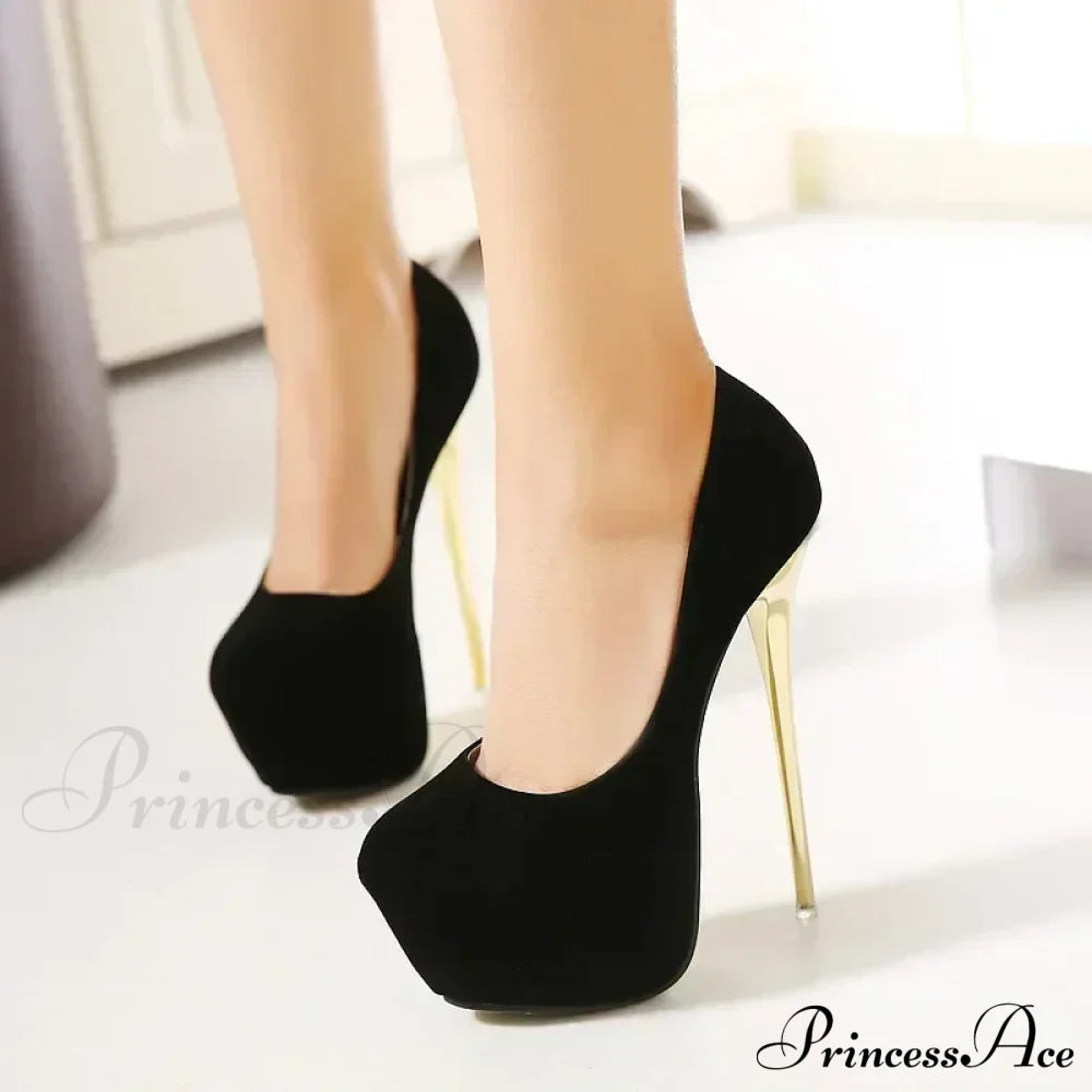 Sexy Club Suede Black High Heels 16Cm Stiletto Waterproof Stripper Flock Pumps Ladies Shoes Plus