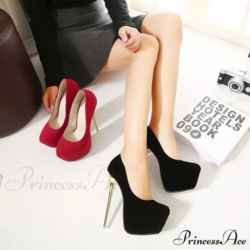 Sexy Club Suede Black High Heels 16Cm Stiletto Waterproof Stripper Flock Pumps Ladies Shoes Plus