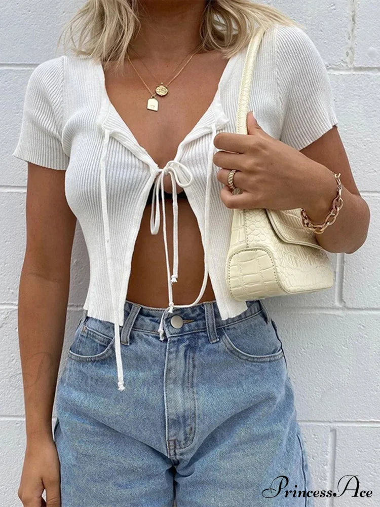 Sexy Cropped Lace Up Hollow Out Front Split Slim Streetwear Crop Top