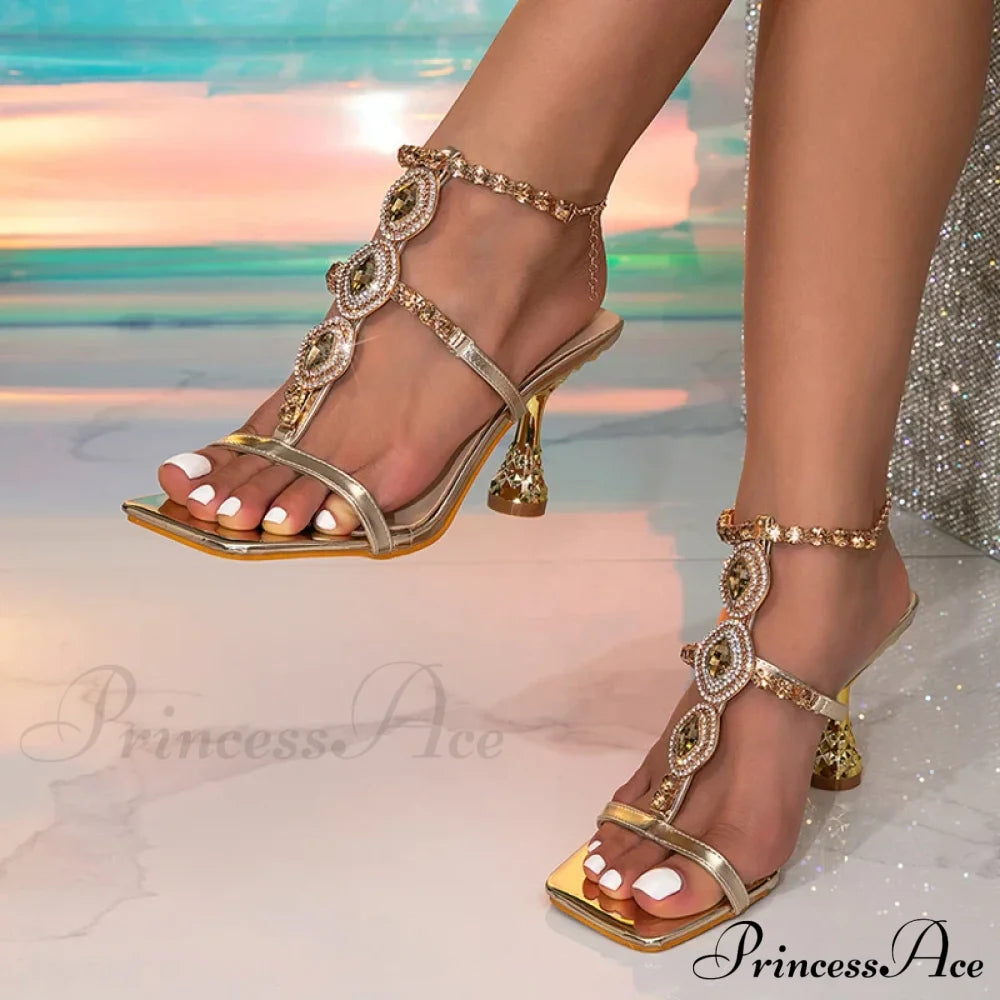 Sexy Crystal Chain Ankle Strap High Quality Gem Narrow Band Square Toe Low Heel Pump