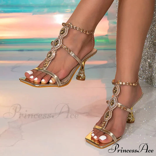 Sexy Crystal Chain Ankle Strap High Quality Gem Narrow Band Square Toe Low Heel Pump