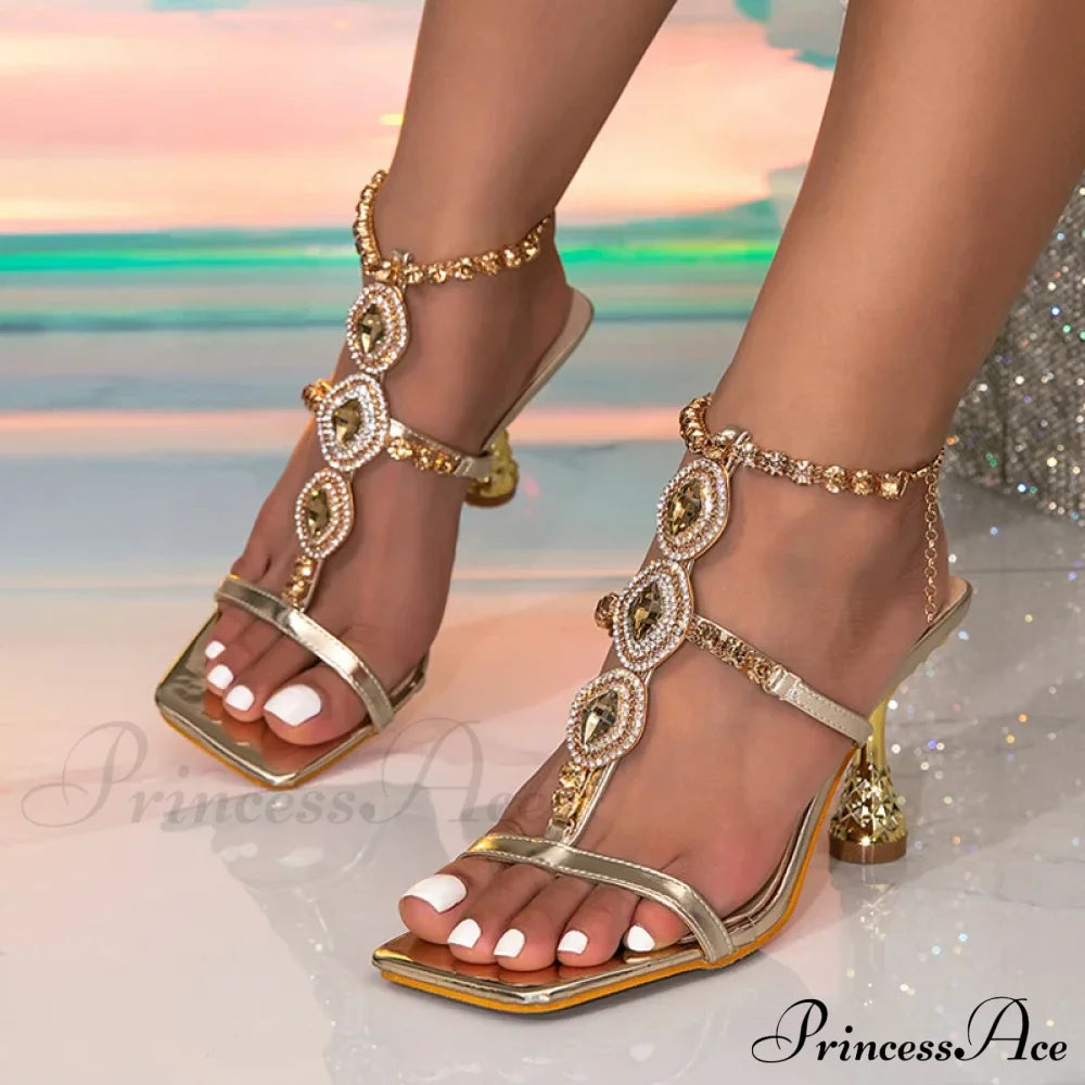 Sexy Crystal Chain Ankle Strap High Quality Gem Narrow Band Square Toe Low Heel Pump