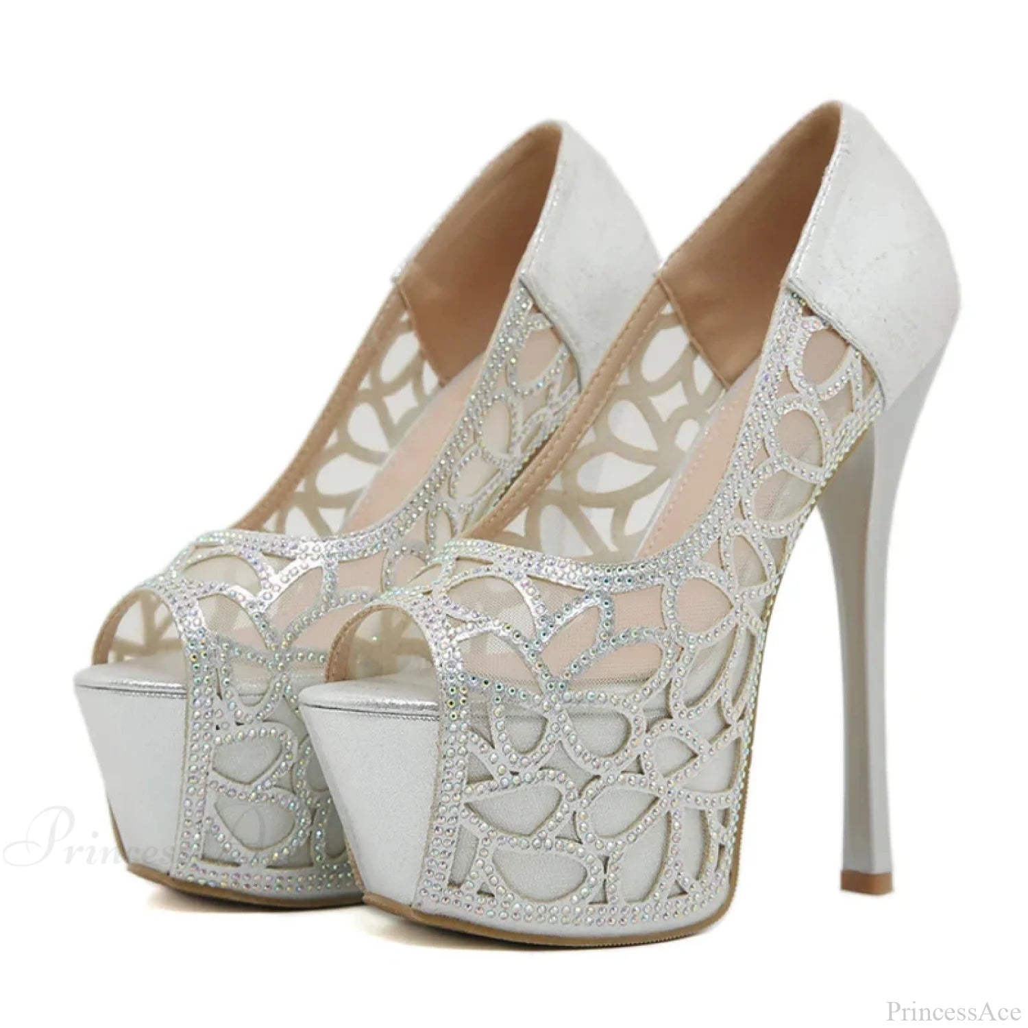 Sexy Crystal Rhinestone Platform Peep-Toe Stripper Party Banquet Ladies Elegant High Heel Silver /
