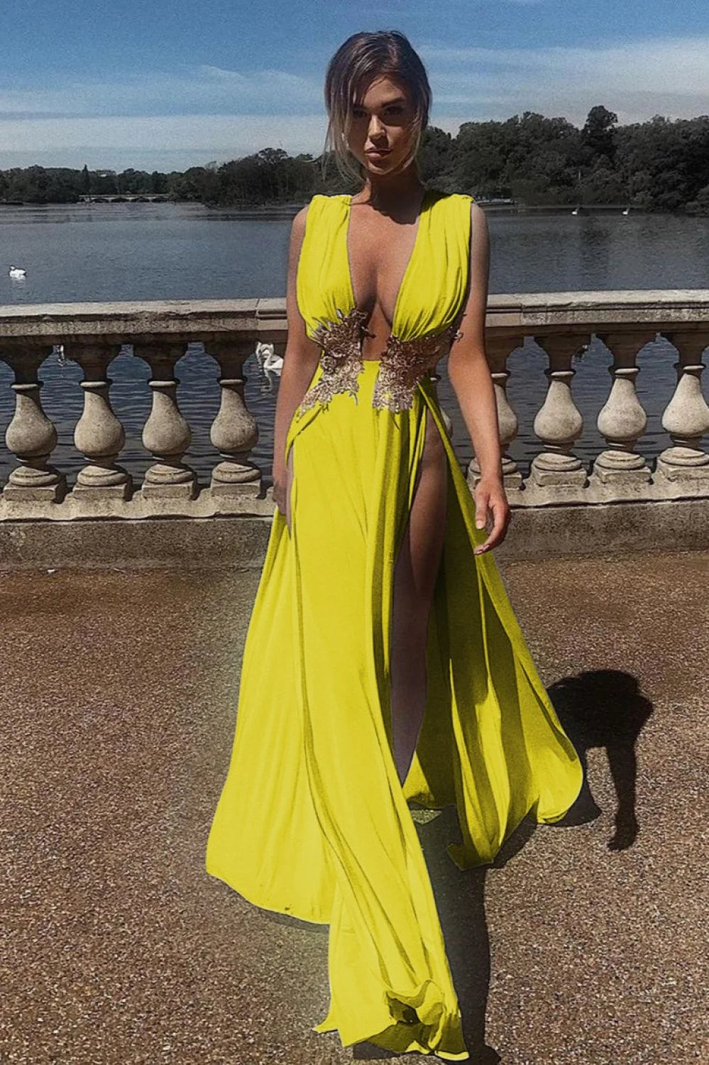 Sexy Deep V High Slit Flared Wedding Dress Yellow / S