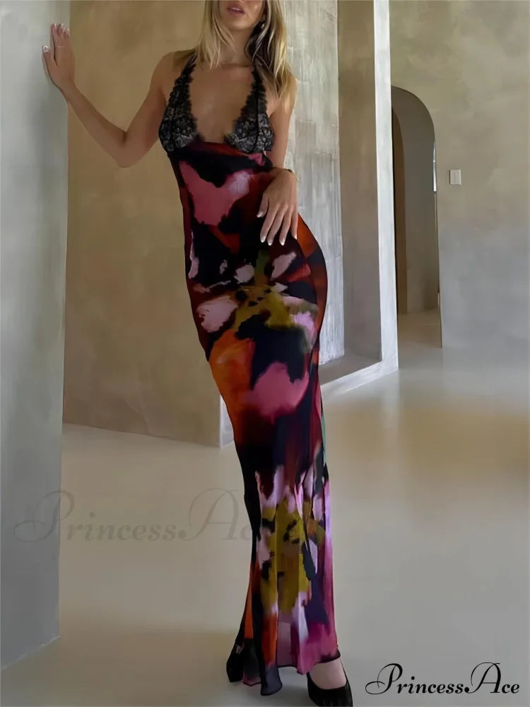 Sexy Deep V Lace Graceful Patchwork Printed Auspender Maxi Dress Multicolor / S Dresses