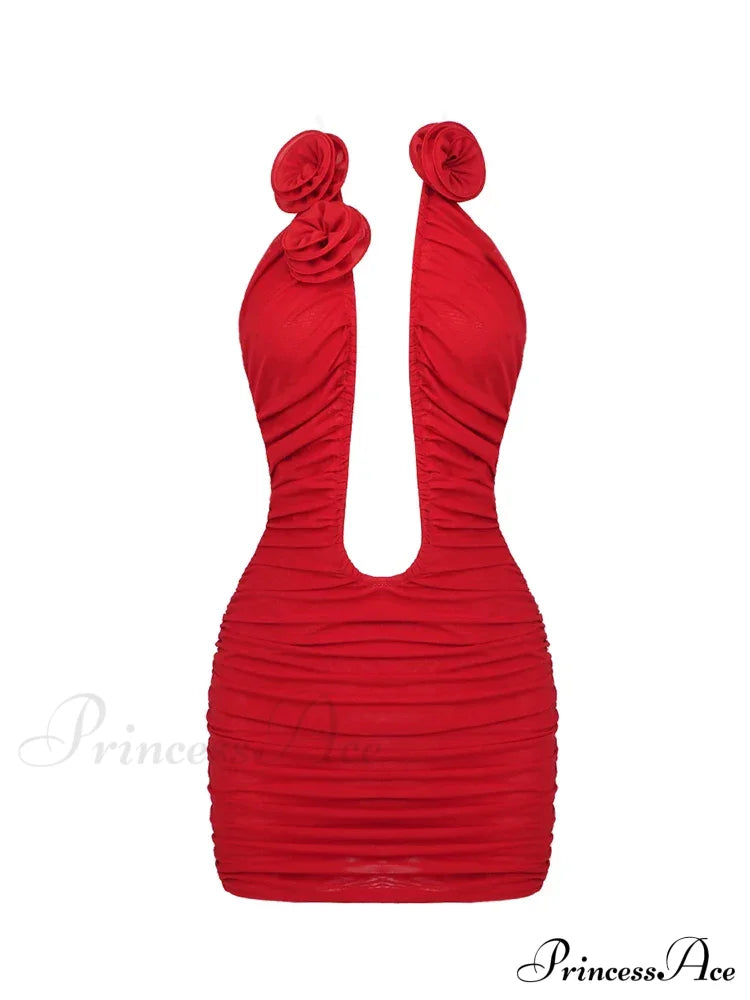 Sexy Deep V Neck 3D Flower Mini Strapless Backless Pleated Christmas Party Dress Red / S Dresses-L