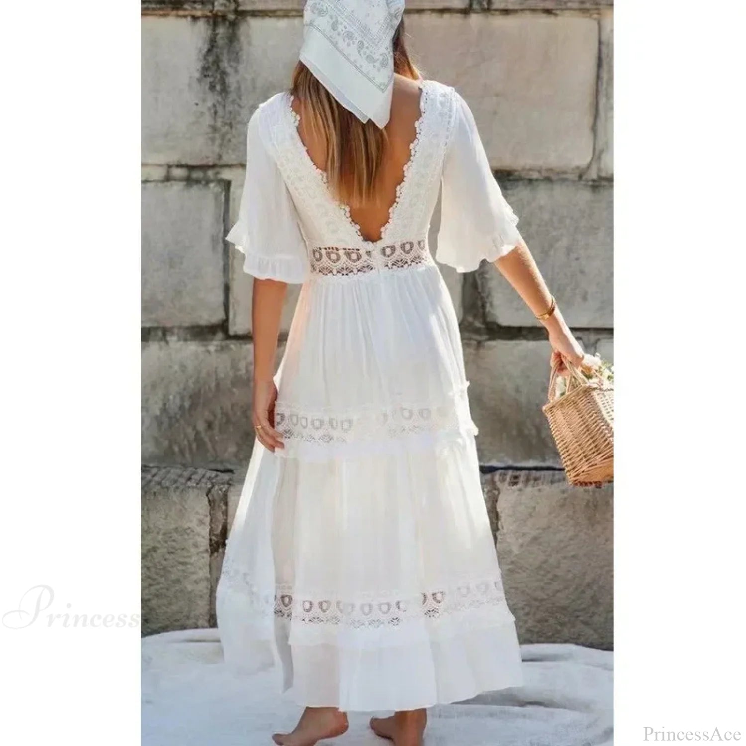 Sexy Deep V-neck Backless Cotton Lace Dress bohodress-250126