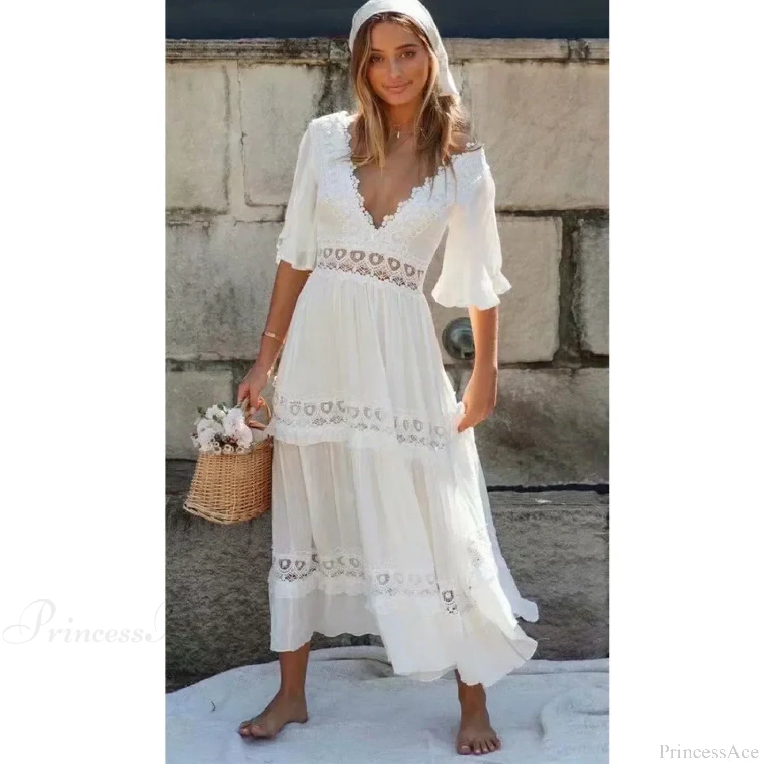 Sexy Deep V-neck Backless Cotton Lace Dress bohodress-250126