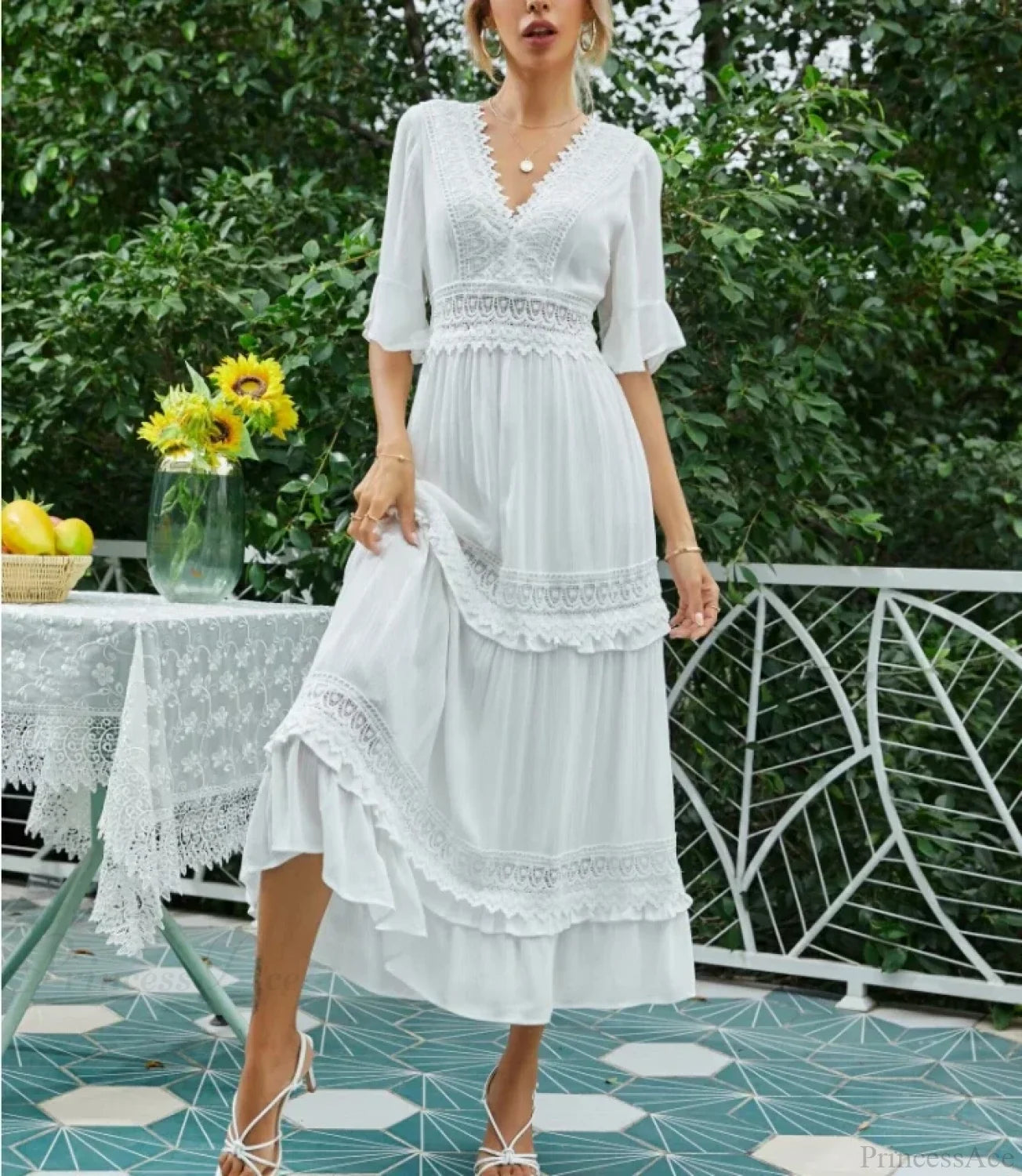 Sexy Deep V-neck Backless Cotton Lace Dress bohodress-250126