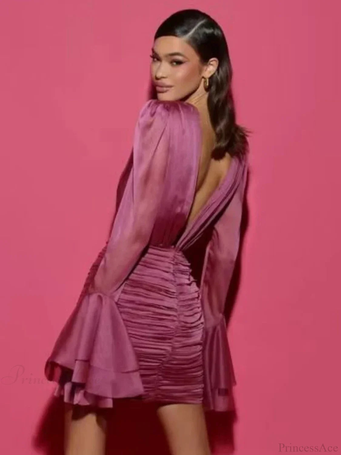 Sexy Deep V Neck Flare Sleeve Pleats Mini Backless Christmas Party Dress Dresses-L