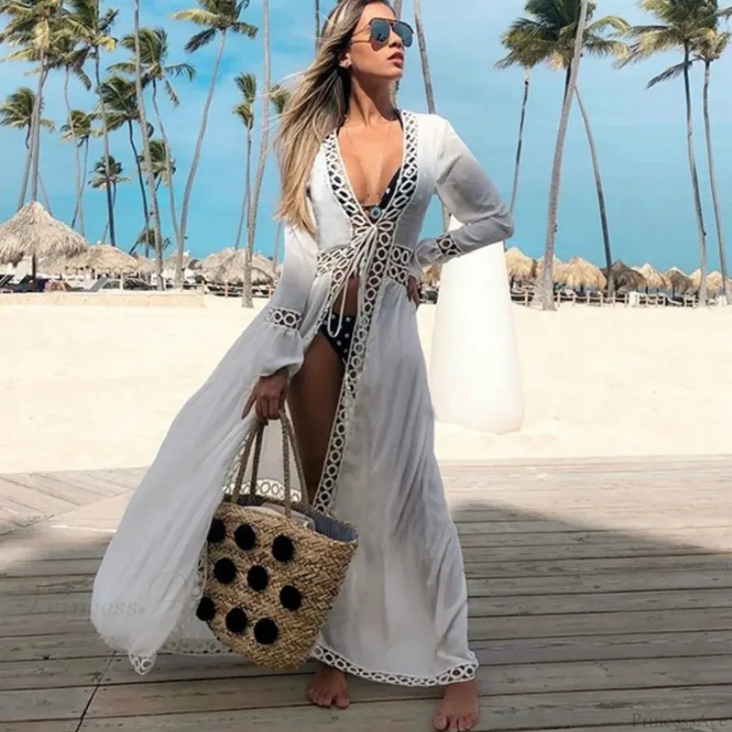 Sexy Deep V-neck White Lace Boho Kimono Bikini Cover up bohocoverup-250126