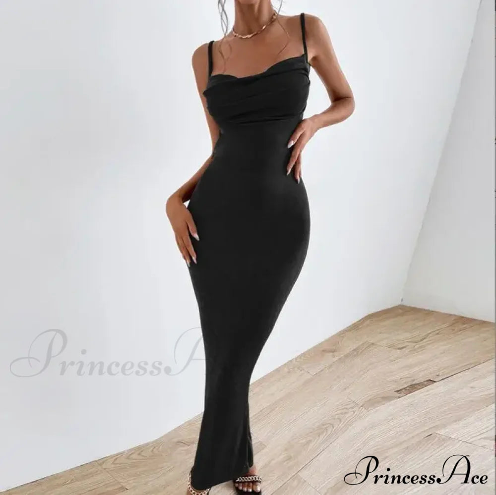 Sexy Draped Sleeveless Spaghetti Strap Midi Dress Black / S