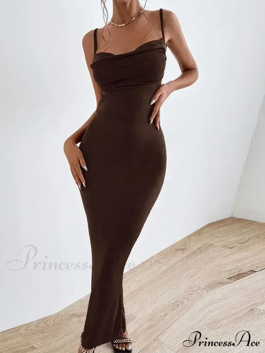 Sexy Draped Sleeveless Spaghetti Strap Midi Dress Brown / S