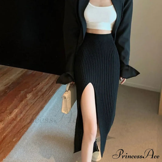 Sexy Elegant Slim Fit High-Waisted Knitted Chic Autumn Winter Midi Skirt Black / One Size