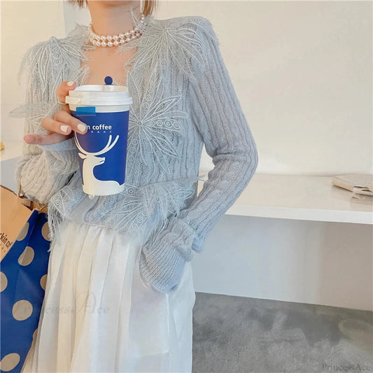 Sexy Embroidered Flower Knitted Blouse Party Blouse Blue / One Size blouse-250126