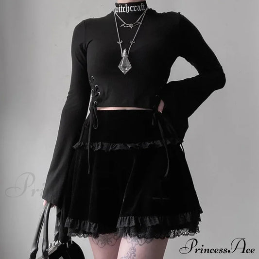 Sexy Fashion Summer Embroidery Black Gothic Casual Stylish Lace Trim Skirt Halloween