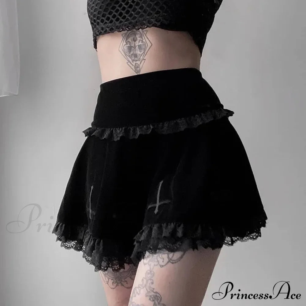 Sexy Fashion Summer Embroidery Black Gothic Casual Stylish Lace Trim Skirt Halloween