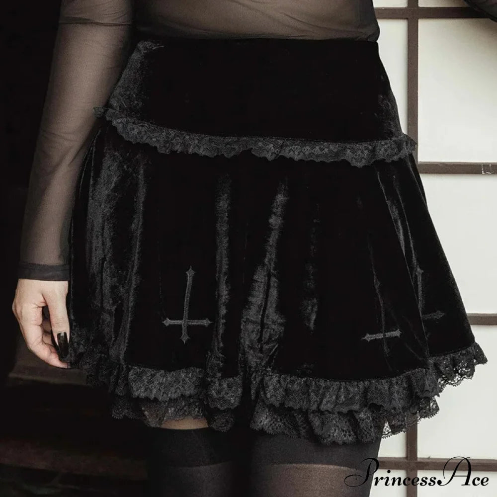 Sexy Fashion Summer Embroidery Black Gothic Casual Stylish Lace Trim Skirt Halloween