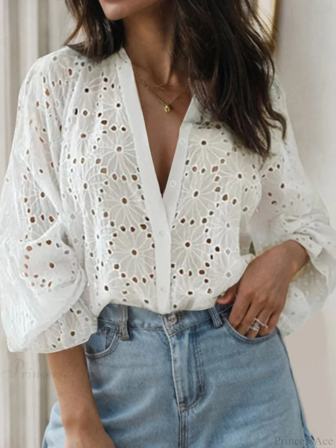 Sexy Flared Long Sleeve Tunic V-neck Blouse WHITE / S blouse-250126