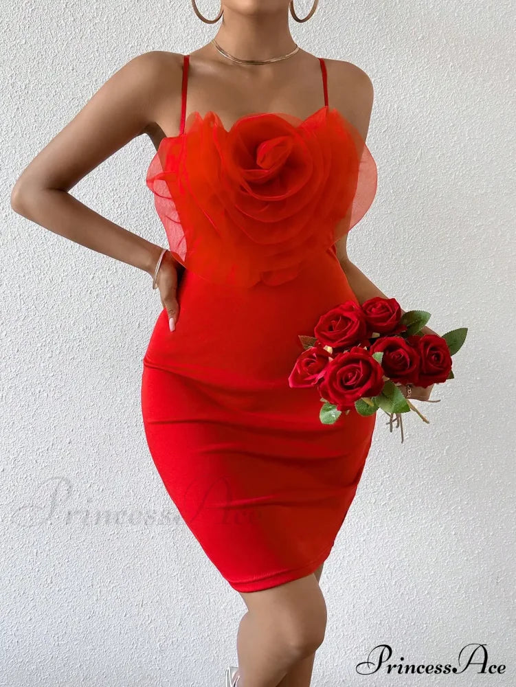 Sexy Floral Cami Braces Backless Red Christmas Party Dress Dresses-L