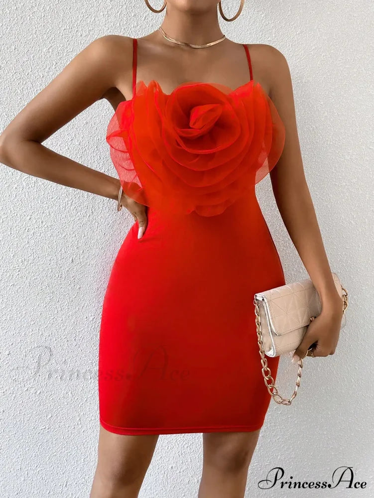 Sexy Floral Cami Braces Backless Red Christmas Party Dress Dresses-L