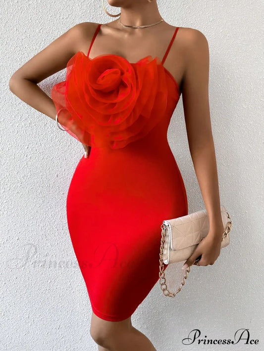 Sexy Floral Cami Braces Backless Red Christmas Party Dress / S Dresses-L