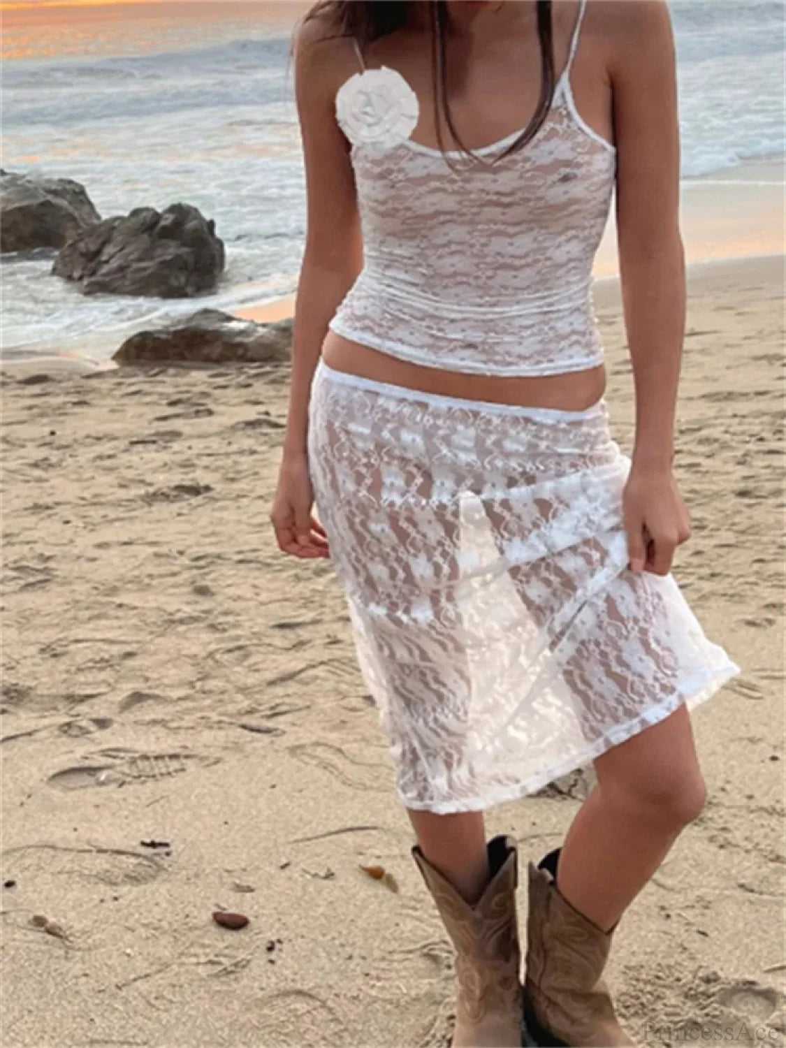 Sexy Floral Lace Strap Tank Camis Crop Top with See-through Long Skirt Set twopiecesset-250126