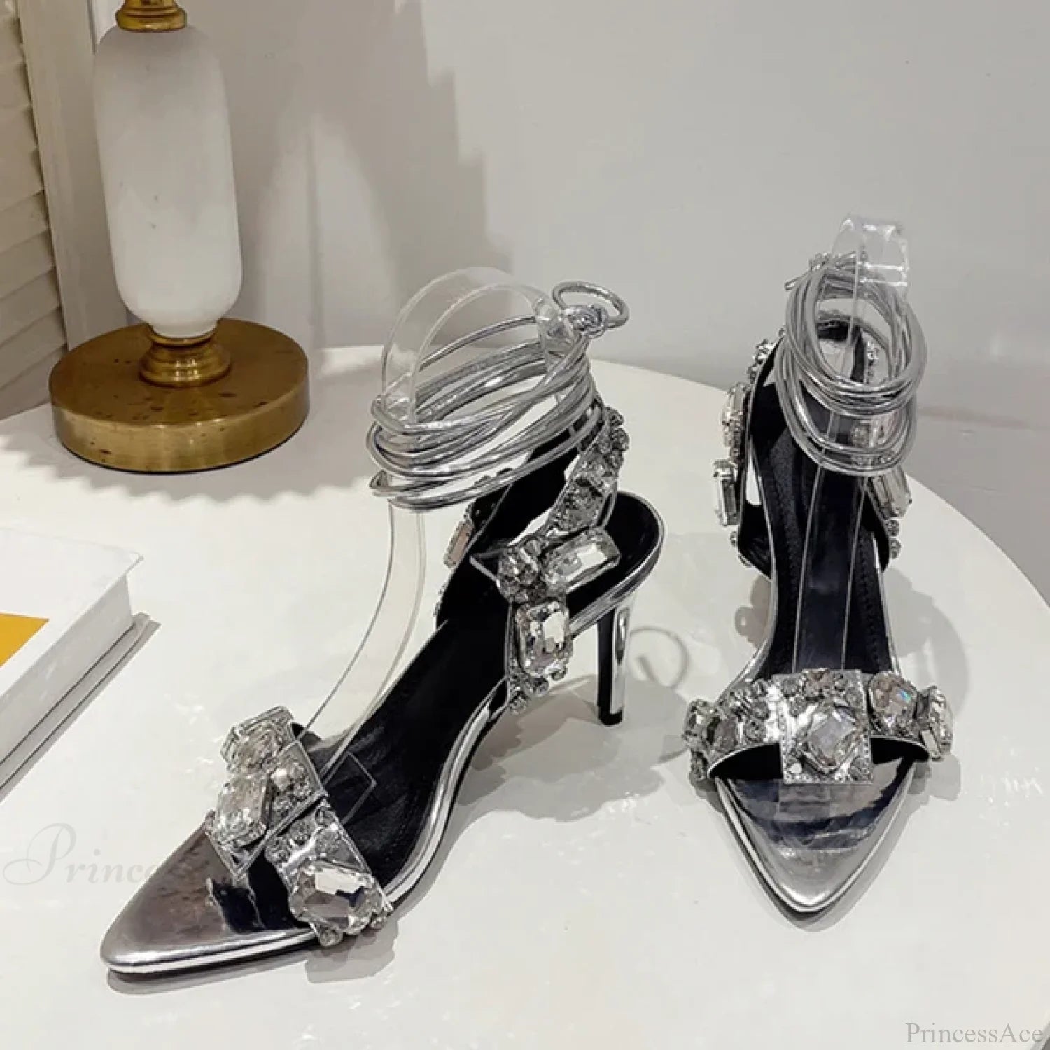 Sexy Golded Ankle-Strap Crystal Diamond Pointed-Toe Sandals Wedding Nightclub High Quality Stripper