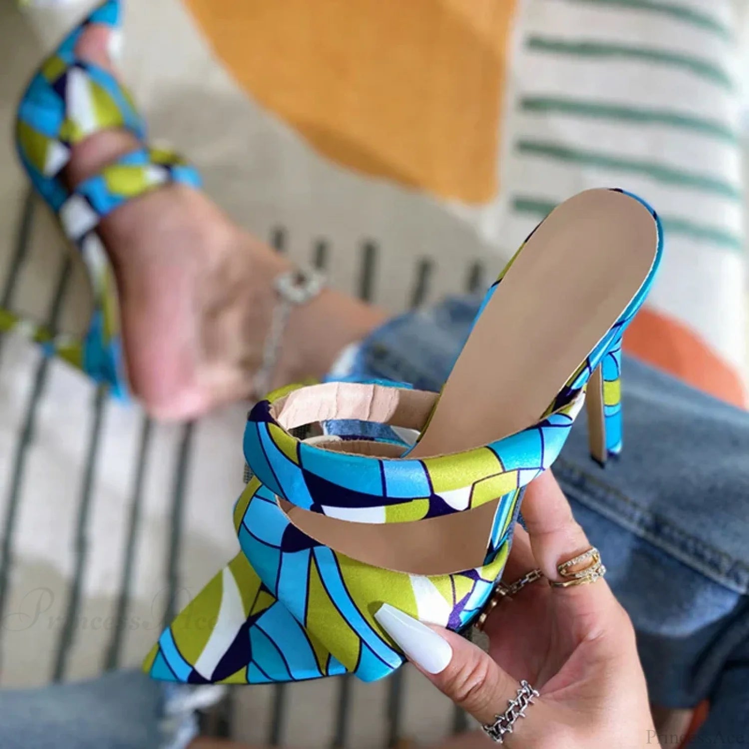 Sexy Golded Pointed-Toe Pu-Leather Slippers Summer Party Banquet Ladies High Heel