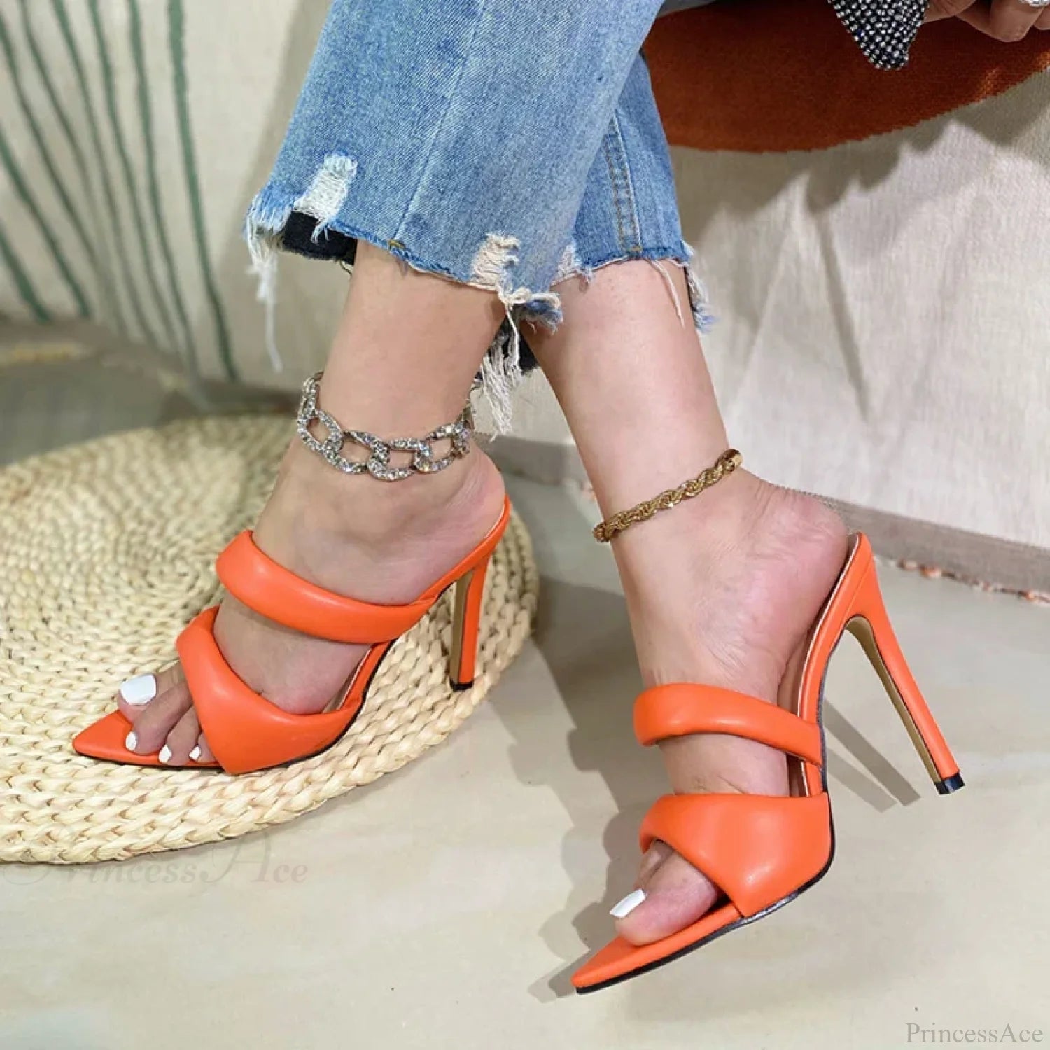 Sexy Golded Pointed-Toe Pu-Leather Slippers Summer Party Banquet Ladies High Heel Orange / 35