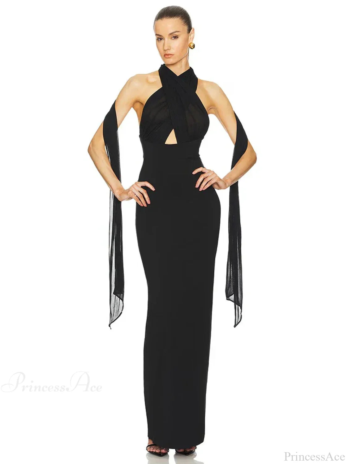 Sexy Halter Backless Mesh Patchwork Black Sleeveless Bodycon Christmas Party Dress Dresses-L