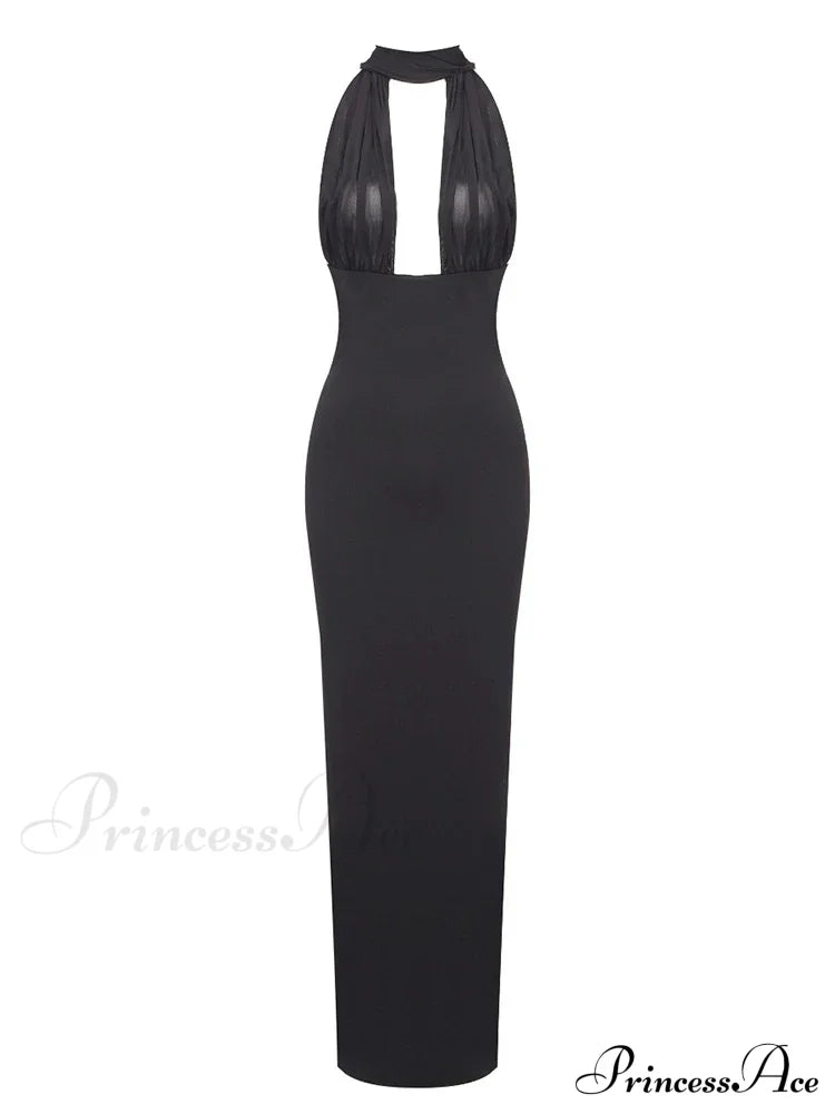 Sexy Halter Backless Mesh Patchwork Black Sleeveless Bodycon Christmas Party Dress / Xs Dresses-L