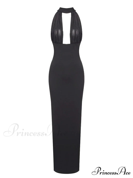 Sexy Halter Backless Mesh Patchwork Black Sleeveless Bodycon Christmas Party Dress / Xs Dresses-L