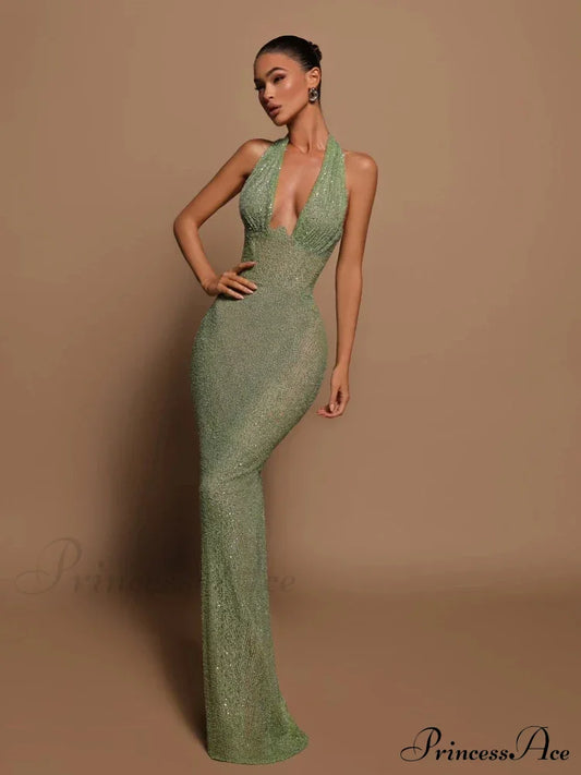 Sexy Halter Deep V Neck Sequins Green Sleeveless Backless Celebrity Christmas Party Dress Dresses-L