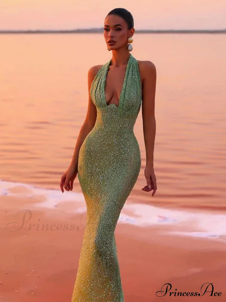 Sexy Halter Deep V Neck Sequins Green Sleeveless Backless Celebrity Christmas Party Dress Dresses-L