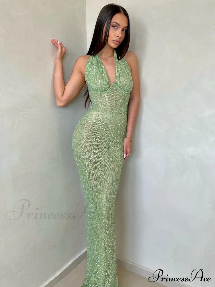 Sexy Halter Deep V Neck Sequins Green Sleeveless Backless Celebrity Christmas Party Dress Dresses-L