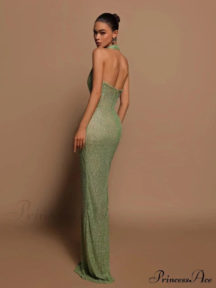 Sexy Halter Deep V Neck Sequins Green Sleeveless Backless Celebrity Christmas Party Dress Dresses-L