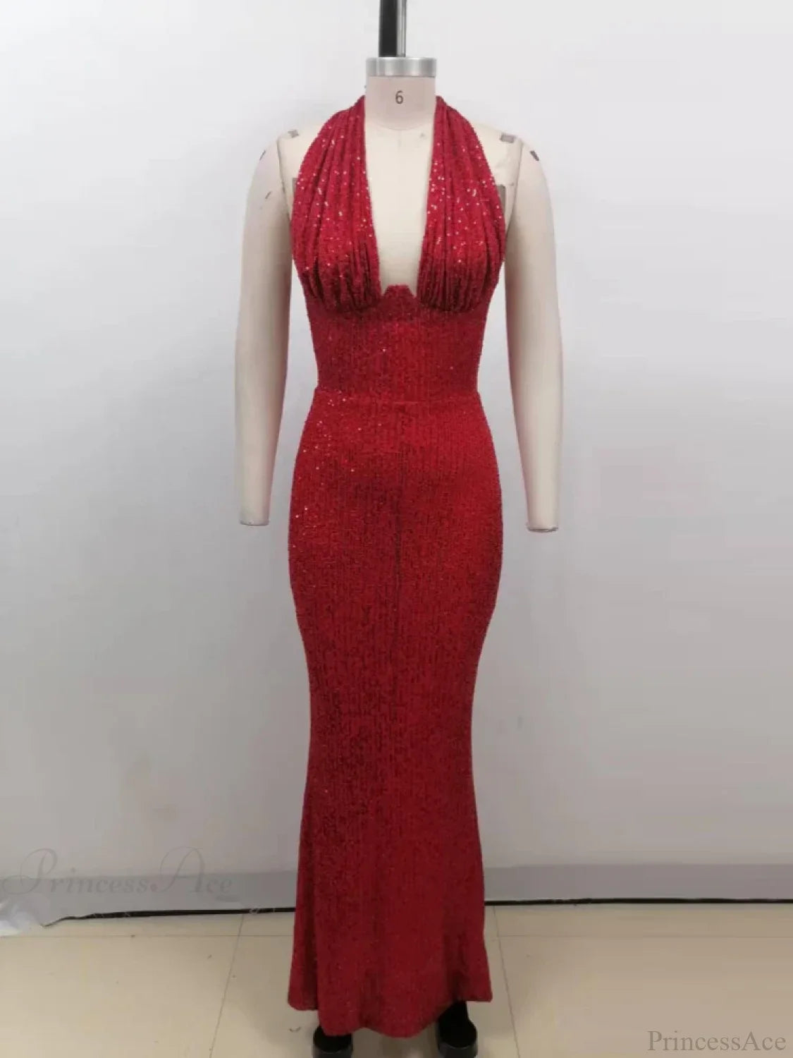 Sexy Halter Deep V Neck Sequins Green Sleeveless Backless Celebrity Christmas Party Dress Red / S