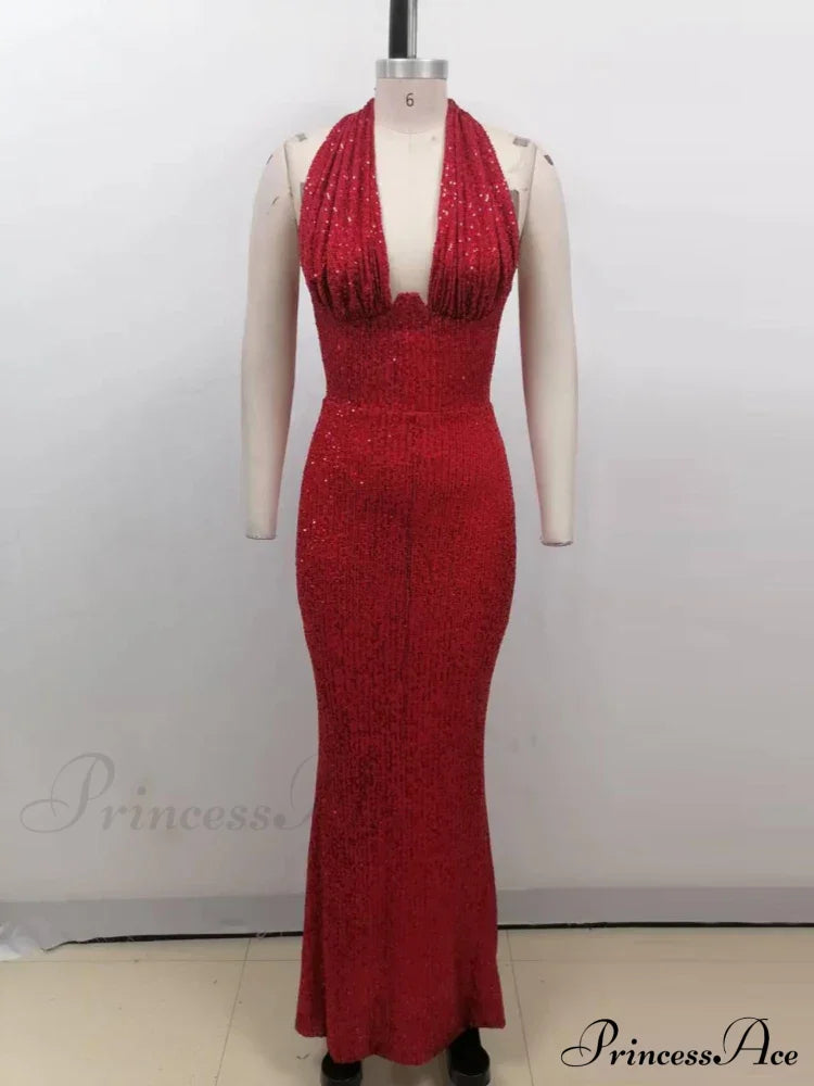 Sexy Halter Deep V Neck Sequins Green Sleeveless Backless Celebrity Christmas Party Dress Red / S