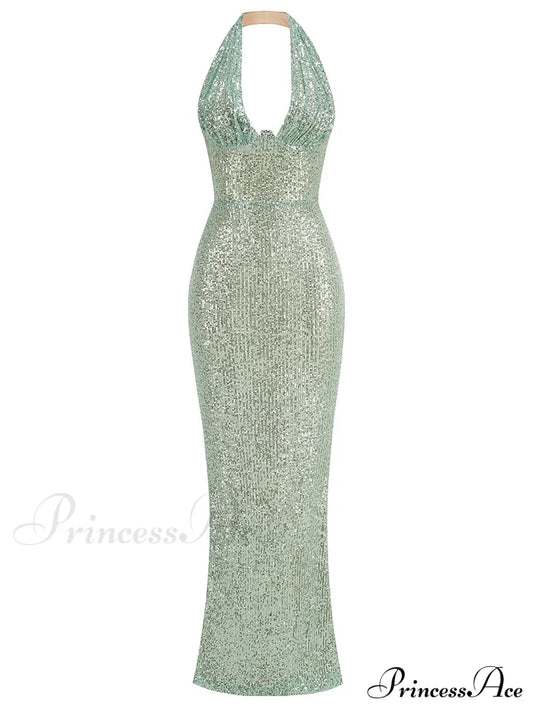 Sexy Halter Deep V Neck Sequins Green Sleeveless Backless Celebrity Christmas Party Dress / S