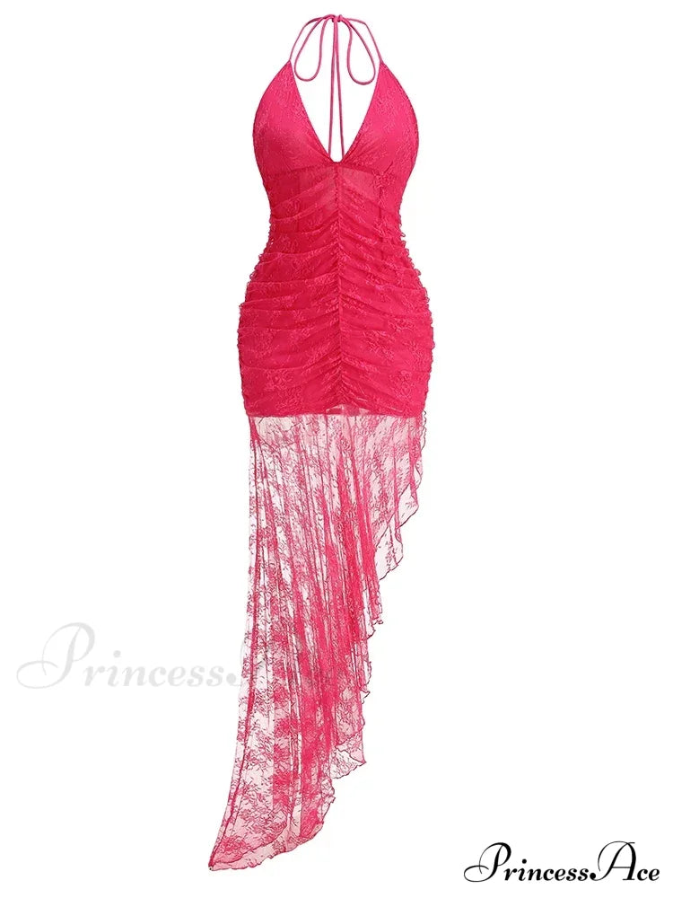 Sexy Halter Lace-Up Deep V Neck Lace Ruffles Rose Red Christmas Party Dress / Xs Dresses-L