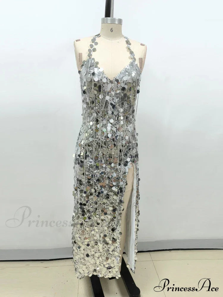 Sexy Halter Lace-Up V Neck Shiny Sequins Backless Silver Christmas Party Dress / Xs Dresses-L