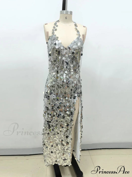 Sexy Halter Lace-Up V Neck Shiny Sequins Backless Silver Christmas Party Dress / Xs Dresses-L