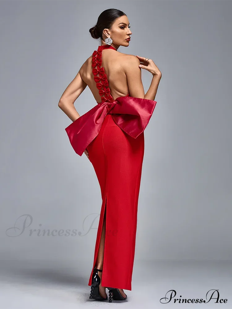 Sexy Halter Neck Backless Bow Design Red Sleeveless Bodycon Christmas Party Dress Dresses-L