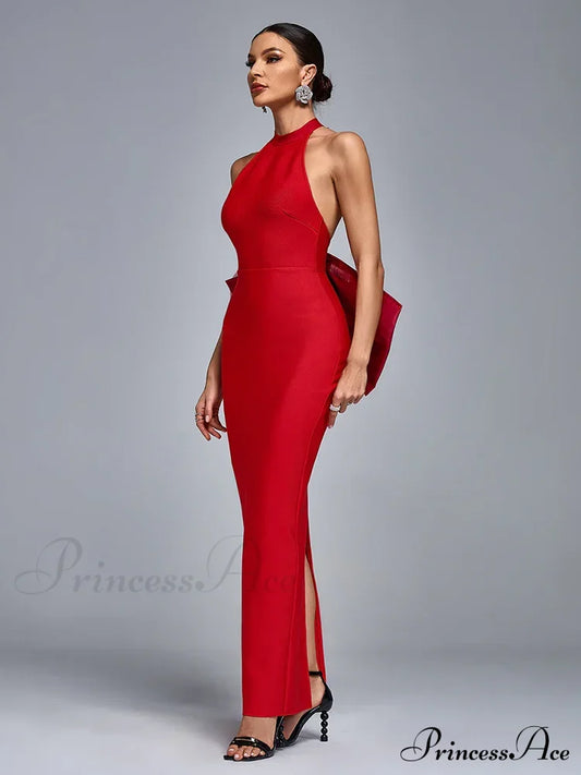 Sexy Halter Neck Backless Bow Design Red Sleeveless Bodycon Christmas Party Dress Dresses-L