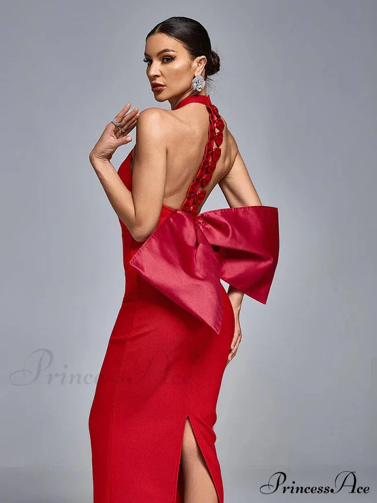 Sexy Halter Neck Backless Bow Design Red Sleeveless Bodycon Christmas Party Dress Dresses-L