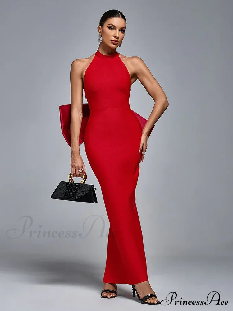 Sexy Halter Neck Backless Bow Design Red Sleeveless Bodycon Christmas Party Dress Dresses-L