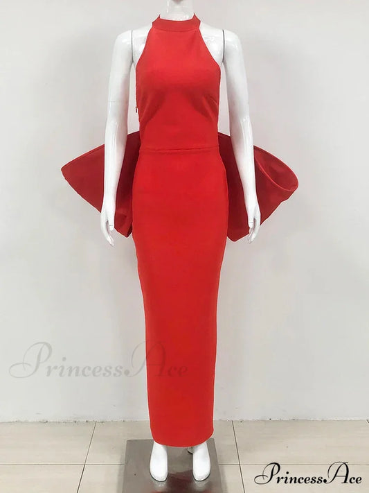 Sexy Halter Neck Backless Bow Design Red Sleeveless Bodycon Christmas Party Dress / Xs Dresses-L