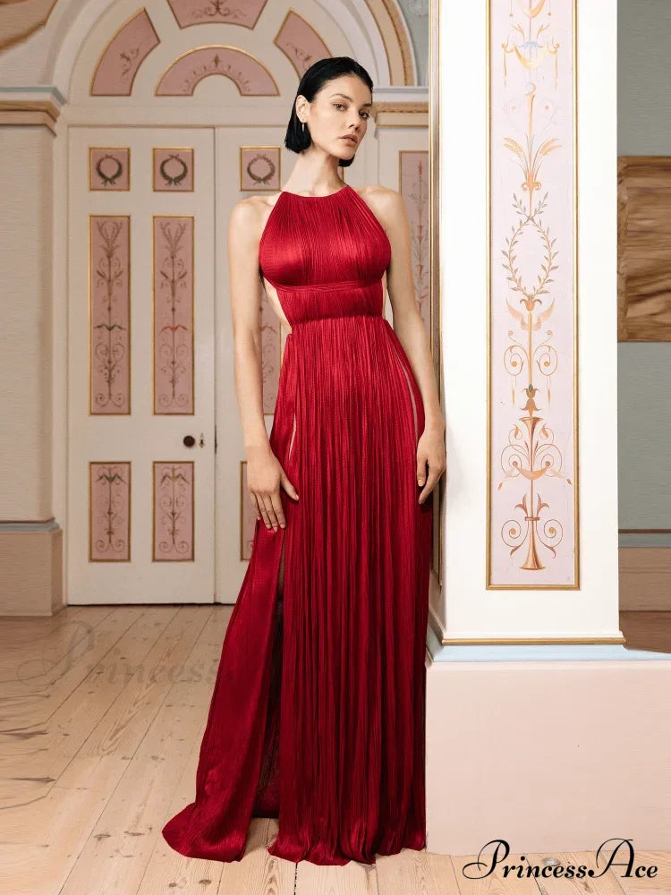 Sexy Halter Neck Chain Pleated High Split Long Dress Backless Christmas Party Dresses-L