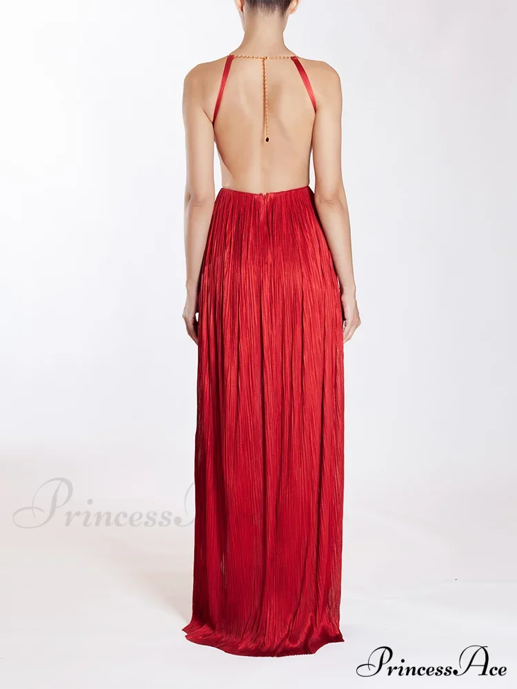 Sexy Halter Neck Chain Pleated High Split Long Dress Backless Christmas Party Dresses-L